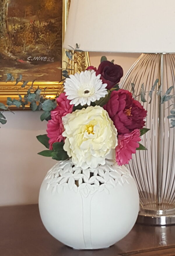 Silk Faux Flower Arrangement. Colourful Artificial Flowers Display. Peonies, Gerberas, Rose, Eucalyptus