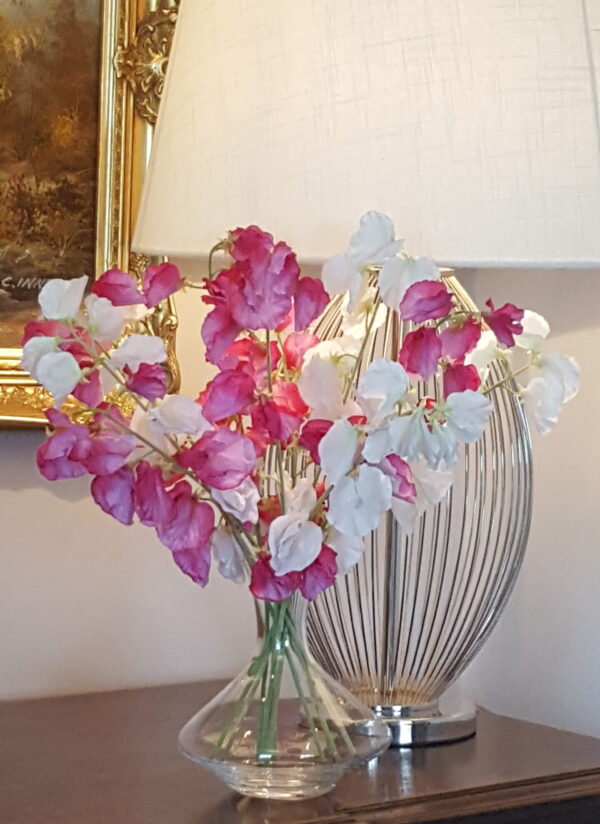 Sweet Pea Silk Faux Flower Bouquet Arrangement. Dark Pink and White Stems