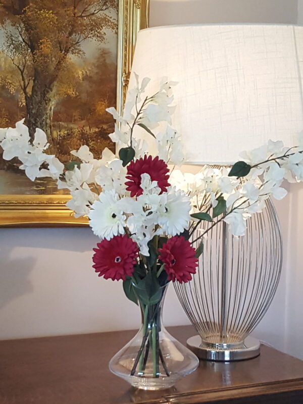 White Bougainvillea Branches With Red and White Gerberas. Luxury Silk Faux Flowers Bouquet
