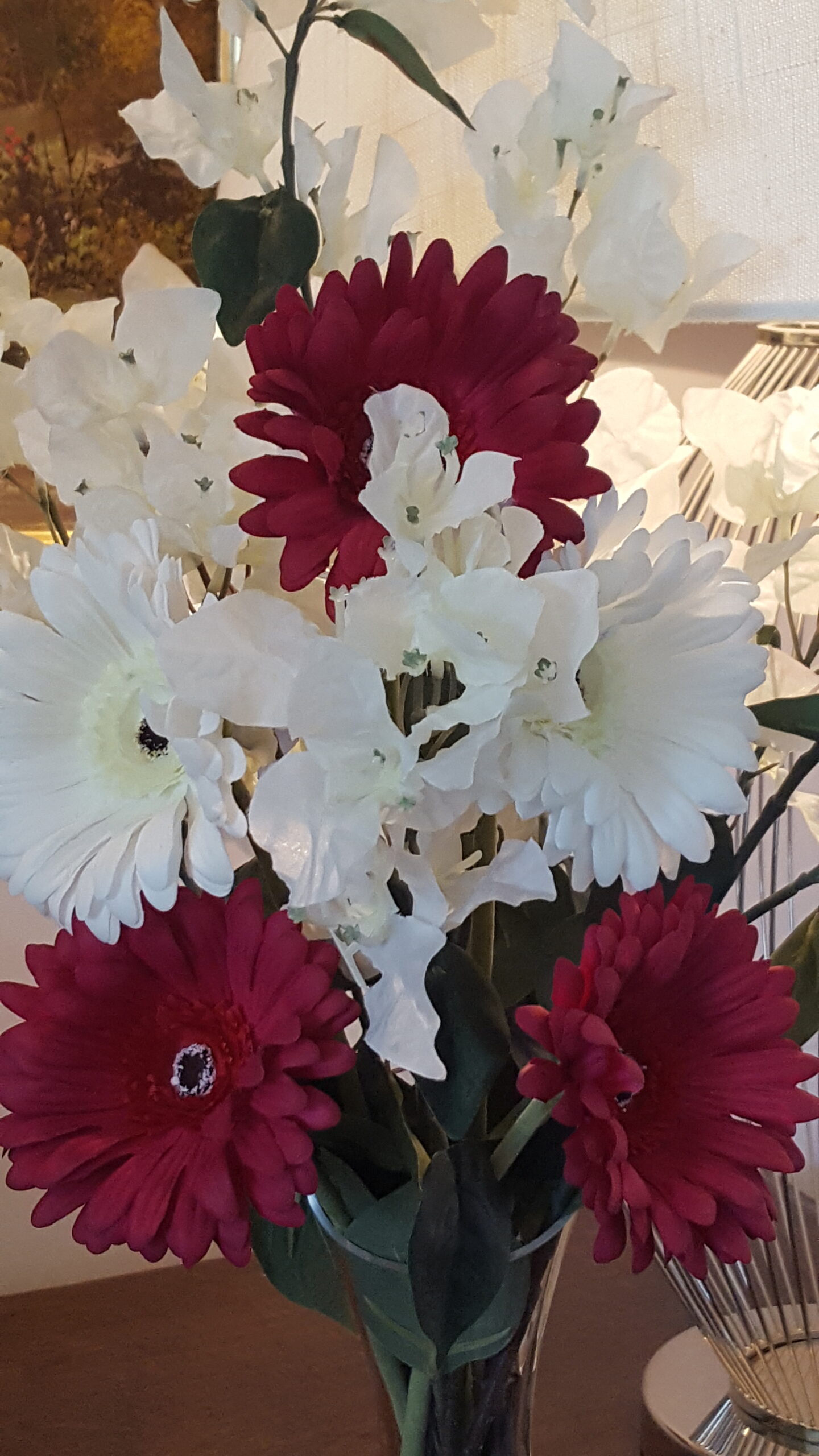 White Bougainvillea Branches With Red and White Gerberas. Luxury Silk Faux Flowers Bouquet - Image 4