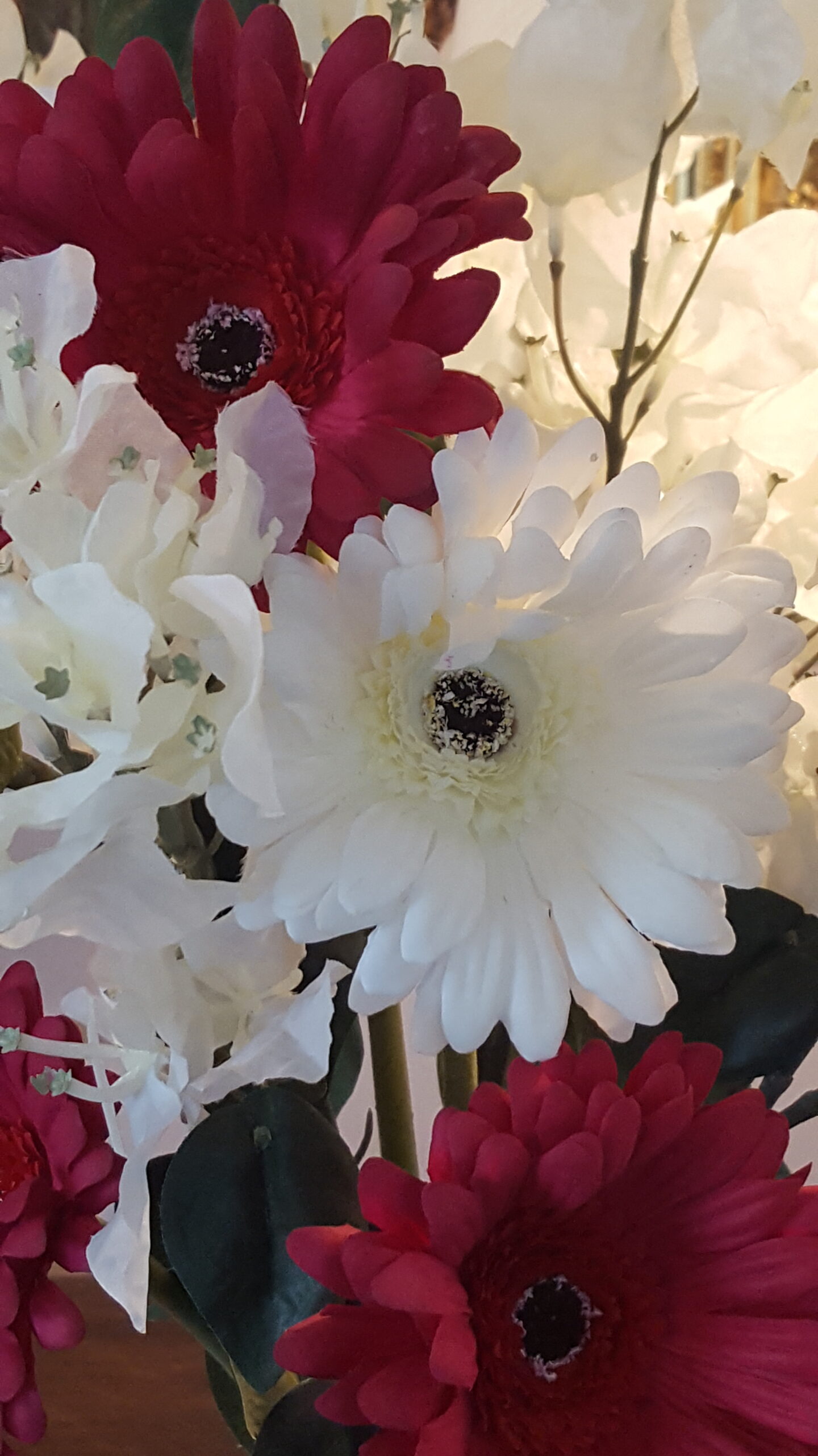 White Bougainvillea Branches With Red and White Gerberas. Luxury Silk Faux Flowers Bouquet - Image 3