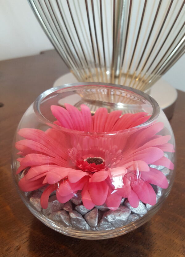 Fish Bowl Vase Flower Display. Silver Stones, Dark Pink Faux Gerbera